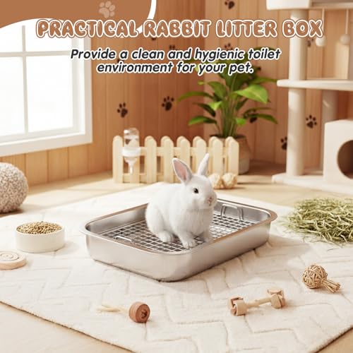 Maxcheck 2 Pcs Rabbit Litter Box, Stainless Steel Rabbit Litter Pan with 2 Grids, High Side Bunny Toilet Tray Potty Training Pan for Rats Ferret Bunny Guinea Pig(S 14.2''L x 11.2''W x 2.5''H) - size: S 14.2''L x 11.2''W x 2.5''H