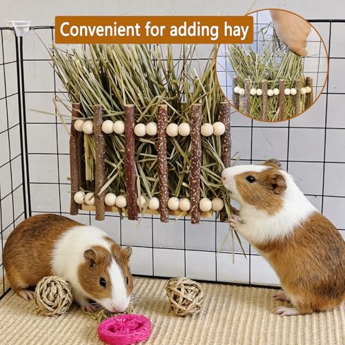 Wood Rabbit Hay Feeder,Hanging Guinea Pig Hay Holder,Biting Resistant Bunny Grass Holder,Small Animals Feeding Grass Manage Rack Dispenser for Chinchilla,Hamsters Cage Accessories