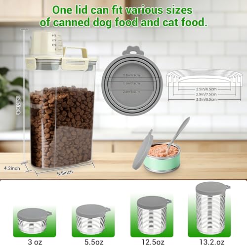 Cat Dog Food Storage Container, 3–5Lbs Portable Pet Food Storage Containers with Cup & Silicone Can Lids for Canned Food Spoon, Small Animal Kibble Dispenser for Bird Seed Cereals Clear/Beige