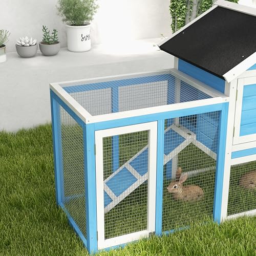 PawHut 49" Wooden Rabbit Hutch Bunny Cage with Fun Outdoor Run Light Blue | Waterproof Asphalt Roof, Removable Tray and Ramp, for Rabbits, Chickens, Ducks - color: Light Blue