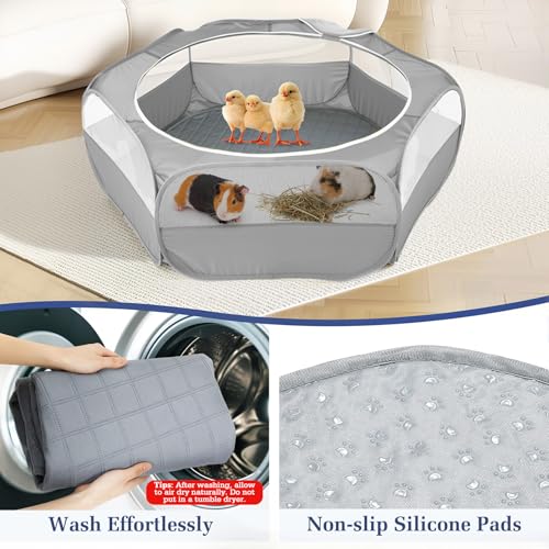 Pawaboo 2-in-1 Small Animals Playpen with Pad, Gray+Gray | Waterproof, Reusable Pad, Portable Outdoor Yard Fence with 3 Metal Rod, For Chick/Kitten/Guinea Pig/Rabbits/Chinchillas - color: U-Gray+Gray