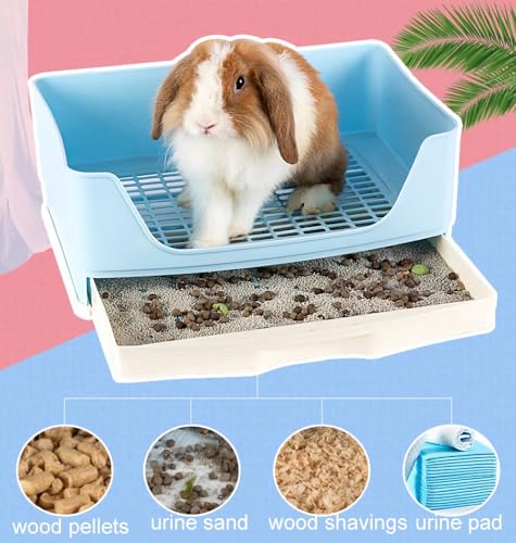 Large Rabbit Litter Box,Corner Potty Trainer with Drawer for Small Animals, Easy Clean Bedding Toilet for Adult Bunny, Guinea Pig, Ferret, Hamster (Blue) - color: Blue