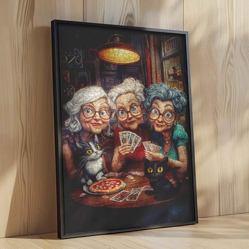 Fashion Old Woman Casino1000 Piece Jigsaw Puzzles for Adults Funny Grandma Playing Poker Jigsaw Puzzle Cute Animal Cat 1000 Pieces Puzzles Game Home Wall Decor Friendship DIY Craft Puzzle Art Gift - color: Artwork-14