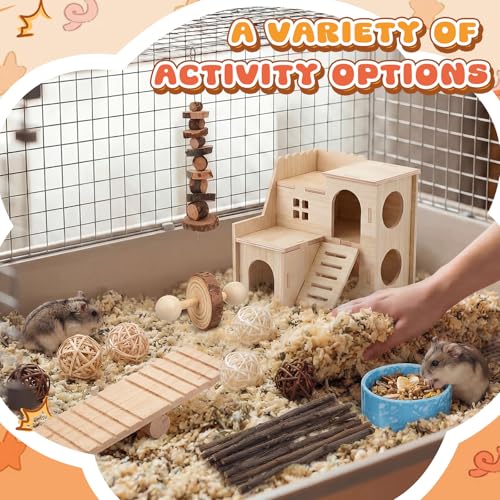 40 Pcs Hamster Cage Accessories, 9.5'' Exercise Wheel, Wood Platform Hideout House, Water Bottle, Sand Bath, Bowl, Chew Toys for Syrian Hamsters Mice Gerbils Habitat Decor(Fun Style) - style: Fun style
