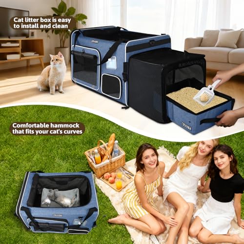 Side Expandable Extra Large Cat Carrier with Litter Box, Blue | 24"L x 17"W x 17"H, Privacy Curtain and Lockable Safety Zippers, for Long Distance Car Travel, Cats Under 55 lbs - color: blue