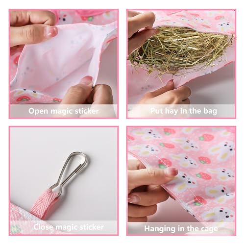 Lesnala 2 Pcs Canvas Hanging Bunny Hay Feeder Bags 3 Holes 2 Styles | Rabbit hay feeder Bag, Guinea Pig Hay Bag, Large Capacity Cotton Canvas Fabric, for Chinchillas Hamsters & Other Small Pets - color: Rabbit pattern