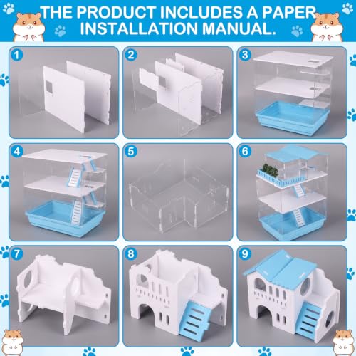 Eccliy 15 in 1 Clear 3-Layer Acrylic Hamster Cage with All Accessories, 20 x 13.7 x 10 Inch Dwarf Hamster House, Magnetic Connection Small Pet Enclosure, Garden Style Mouse Cage for Pet Mice (Blue) - color: Blue