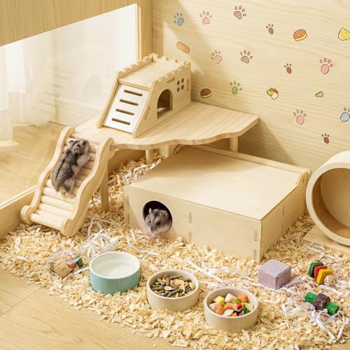 BreezeHug 4 Pcs Hamster Cage Accessories Hamster Platform Hideout Wooden Tunnel Ladder Playhouse Game Climbing Toy with Platform for Pets Dwarf Syrian Mice Degus Gerbils Squirrel(Castle) - style: Castle