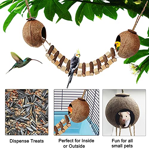 Hamiledyi Coconut Bird Nest Hut with Ladder Hanging Birds Hide House Toy for Cage Natural Coco Shell Hideaway for Parakeet Lovebirds Finch Syrian Hamster Gecko Squirrel Climbing - size: 1PCS 31.9*19.3in