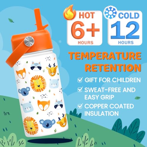 SANDJEST Kids Water Bottle with Straw Lid - 12 Oz Insulated Stainless Steel Animal Water Bottles for Kid Boys Girls - Travel Cup for School Sports - color: Animal 1