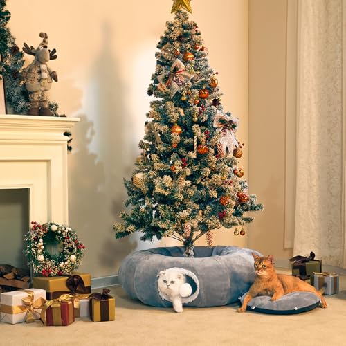 Cat Tunnel Bed for Indoor Cats 35.5 Inch XL Cat Donut Tunnels Grey | 2 in 1 Cat Tunnels for Indoor Cats Kitten Puppy Rabbit Pet Tunnel Toy with Washable Cushion Bed Grey