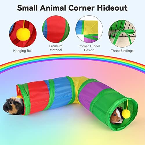 YUEPET Corner Guinea Pig Tunnel, Bunny Tunnel, Small Animal Tubes & Tunnels | Right-Angle Design, Cage Ties, Folds for Storage, Steel Frame Support, Hanging Play Balls, 5.8 in Entrance, Rainbow
