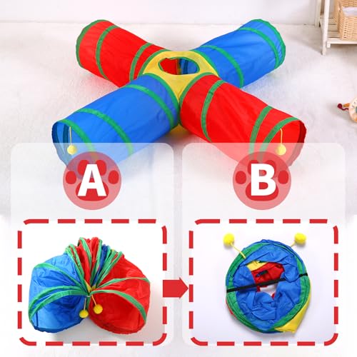Pet Cat Tunnel, 4 Way Tunnels for Indoor Cats, Collapsible Pet Tunnel for Kitten, Puppy, Rabbit, 25cm-Wide Tunnels, Durable & Breathable, with Peek Hole Toy Ball - color: 4-way Junction Tunnel & Rainbow