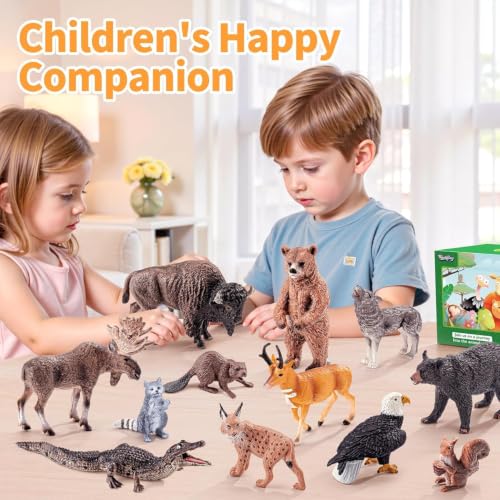 12PCS Solid North American Woodland Forest Animal Figurines Set | Realistic Wildlife Animal Toys, Educational Learning Playset, Birthday Party Favor Cake Topper Gifts for Toddlers Kids 3-13