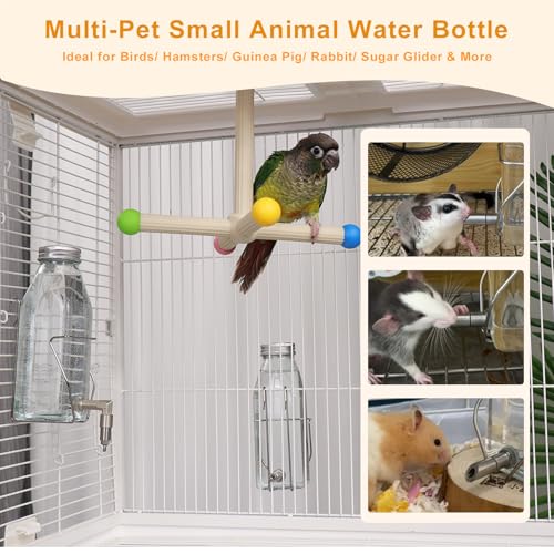 Guinea Pig & Rabbit Water Bottle, 350ml No-Drip Chew-Proof Glass Dispenser with Stainless Steel Nozzle for Hamster, Squirrel, Bird, Guinea Pig Cage (350-S)