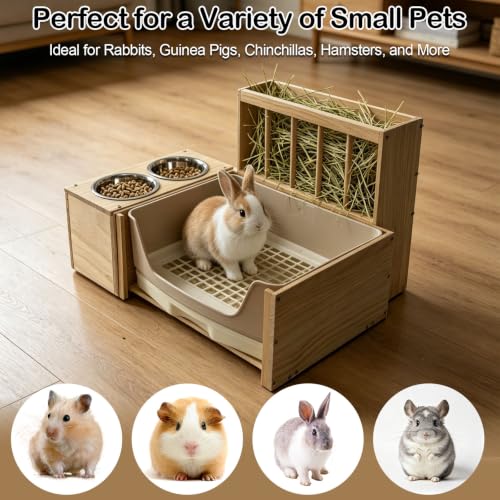 3-in-1 Large Rabbit Hay Feeder with Drawer Litter Box, Sturdy Solid Wood Bunny Feeding Station with Hay Rack for Rabbits, Guinea Pigs, Chinchillas, Ferrets and Small Animals