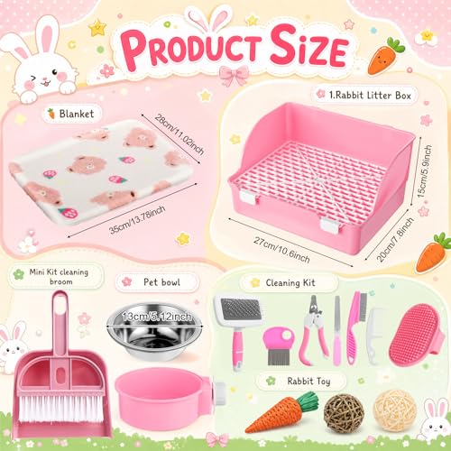 Reallnaive 15 Pcs Rabbit Starter Kit Small Rabbit Litter Box Girls Gift Animal Grooming Kit Bunny Toys Bowl Blankets with Cleaning Set for Guinea Pig Accessories(Light Pink) - color: Light Pink