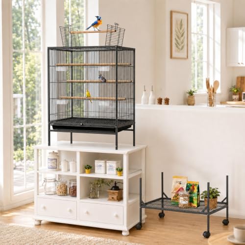 59-inch Open Top Bird Cage, Wrought Iron Bird Flight Cage with Rolling Stand, Slide-Out Tray for Parrot, Parakeets, Lovebird, Finch, Pigeon (Black)