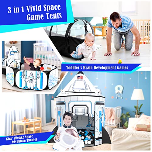 3pc Kids Play Tent for Girls with Ball Pit, Crawl Tunnel, Princess Tents for Toddlers, Baby Space World Playhouse Toys (3PC White Rocket Play Tent) - style: 3PC White Rocket Play Tent