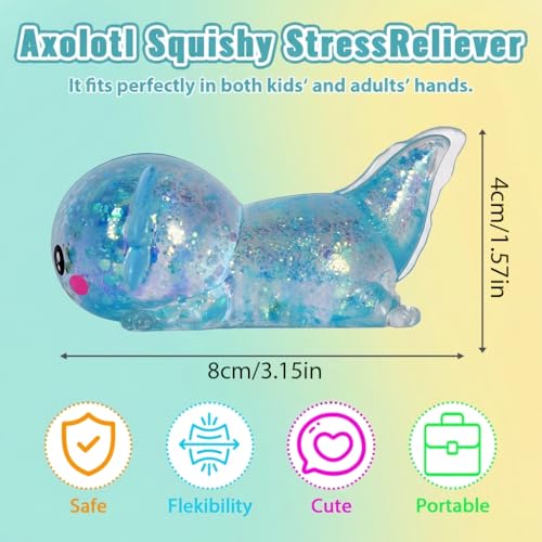 3.94 in Blue Glitter Crawling Axolotl Squishy Slow Rising | Soft TPR, Floating Glitter, squeeze toy, busy hands, stress relief, focus support, home, class, travel, kids and adults - color: Blue