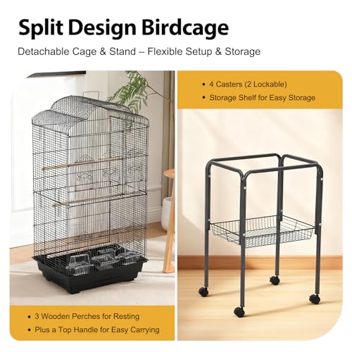 60" Large Bird Cage with Stand, Metal Rolling Parrot Cage with Slide-Out Tray, Storage Shelf, Perch & Bowls, Outdoor Indoor Bird Aviary for Parakeets, Cockatiels, Finches, Aviary for Yard Porch
