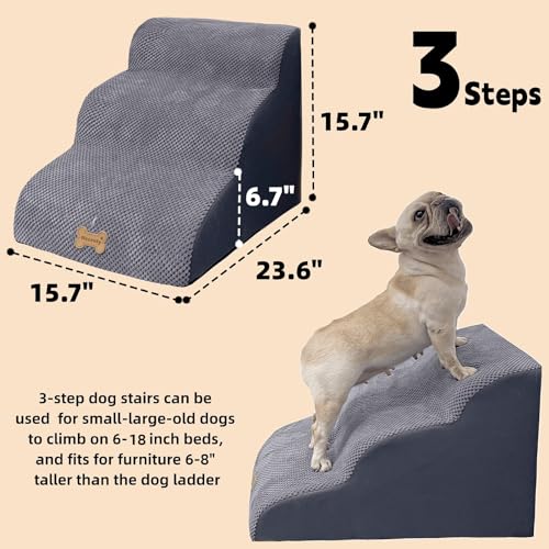 3-Step Pet Stairs for High Beds & Couches, Multi-Step Non-Slip Pet Steps with Balanced Ramp, Indoor 2/3/4/5 Steps for Small Large Cats & Pets, Anti-Slip Stickers Included, 33D Grey