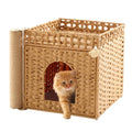 Stylish Cat Litter Box Enclosure with Scratching Post – Handwoven Rattan Cat House, Hidden Litter Mat & Fence, 20.5×18.5×19.1 in, Indoor & Outdoor Use