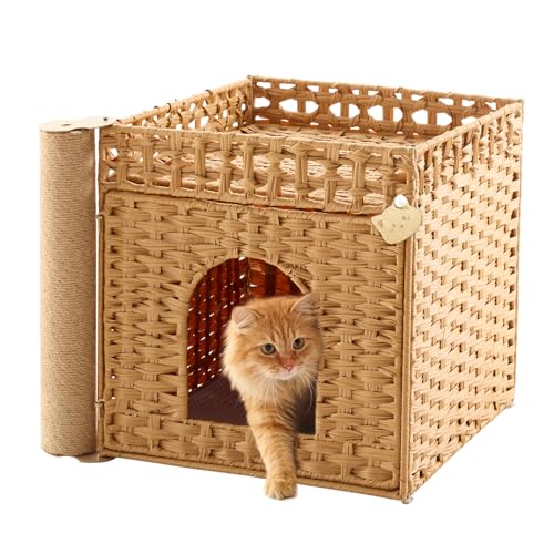 Stylish Cat Litter Box Enclosure with Scratching Post – Handwoven Rattan Cat House, Hidden Litter Mat & Fence, 20.5×18.5×19.1 in, Indoor & Outdoor Use