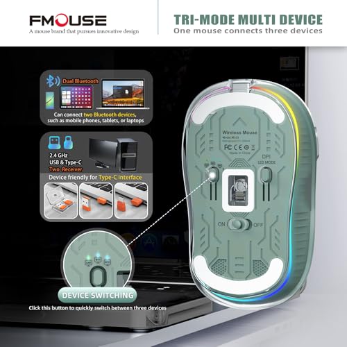 FMOUSE Transparent Wireless Mouse, Tri-Mode Bluetooth & 2.4GHz, Green | USB-A & USB-C Receiver | Rechargeable | 3 Devices for MacBook Laptop iPad PC | Silent Clicks | Portable | RGB | 4-Level DPI - color: Green