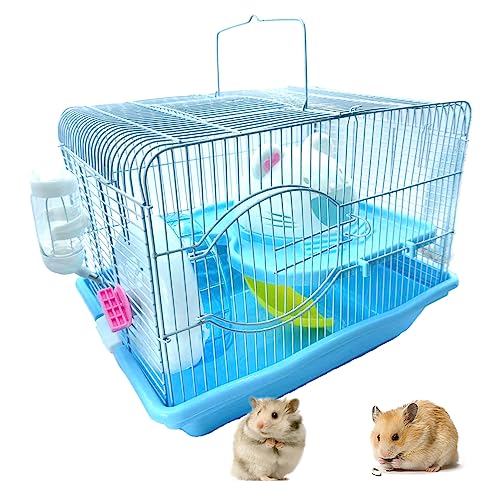 2-Tier Portable Hamster Cage and Habitats, Travel Metal Mouse Cages with Free Water Bottle, Houses and Exercise Wheel for Any Breed of Hamster and Small Animal (14.6x11.0x11.8inch Blue) - color: 【Blue】
