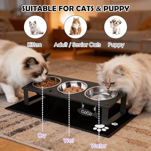 3 in 1 Elevated Cat Bowls with Splash proof Mat for Kittens, Puppies, Multi-pet Households, 10° Tilted Raised Cat Bowls Anti-Vomiting, 3 Wide Shallow Stainless Steel Bowls, Whisker Friendly, 3.5" Tall - color: Black-3bowls
