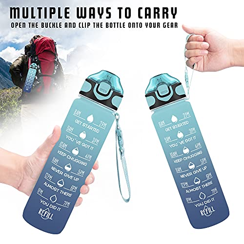 Enerbone 32 oz Drinking Water Bottle with Times to Drink and Straw, Motivational with Carrying Strap, Leakproof BPA & Toxic Free, Ensure You Drink Enough Water for Fitness Gym Outdoor - color: Green-Blue