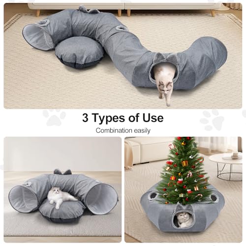 Linen Cat Tunnels with Central Cat Bed, Interactive Cat Toys Detachable Washable Soft Mat Large Indoor Play Tunnel Cave for Kittens and Small Animals - color: Linen Cool Gray