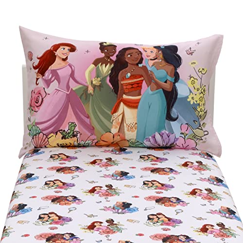 Disney Princesses Courage and Kindness Ariel, Tiana, Moana, Jasmine, Cinderella, Mulan, Belle, and Snow White 2 Piece Toddler Sheet Set - Fitted Bottom Sheet and Reversible Pillowcase - color: Princesses Courage and Kindness Pink