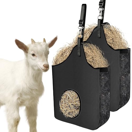 2 Pcs Hay Bag Hanging Goat Feeder Tote with Adjustable Strap | Premium Oxford Cloth with metal ring,Breathable mesh sides,for Horses Donkeys Cows Alpacas Ostriches & Other Animals,Black - color: black-2