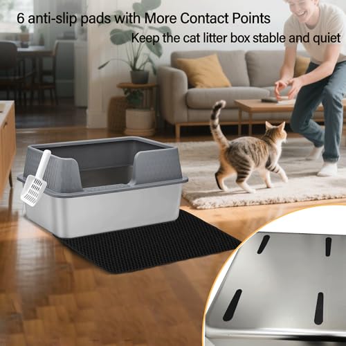 Large Stainless Steel Cat Litter Box with lid Cover Mats Scooper Small High Sided Enclosed Metal Kitty Litter Box for Kittens or Senior Cats with Grey Enclosure - size: Large