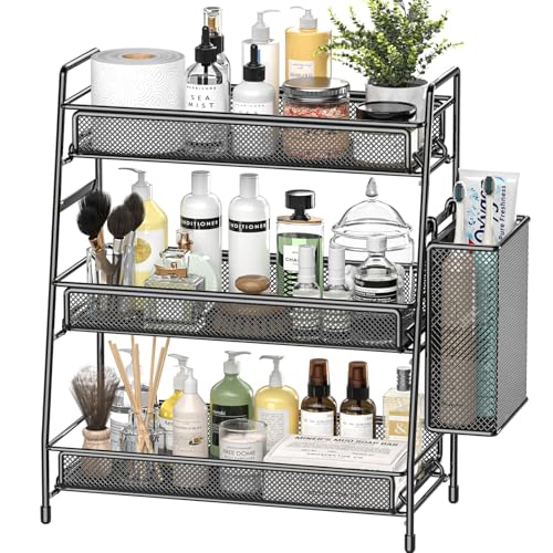 EKNITEY Bathroom Countertop Organizer Shelf - 3 Tier Counter Spice Rack | Metal, Removable Basket, Non-Slip Base, Makeup Rack, Small Coffee Station Organizer, for Sink Bedroom Kitchen Living room - color: Black with Basket