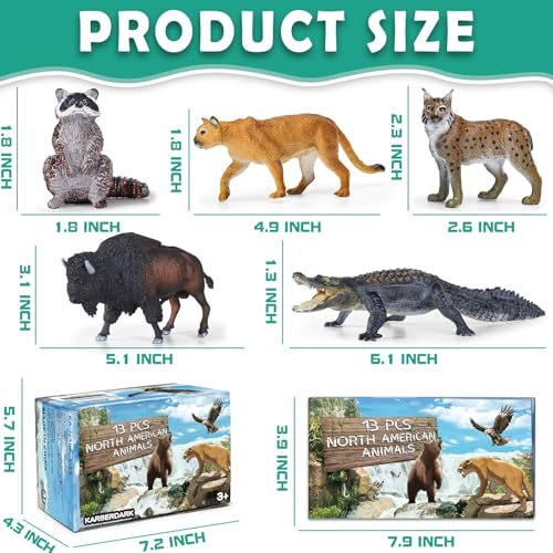 13 Pcs North American Forest Animal Figure Set with Educational Booklet | Realistic Plastic Animals Toy for Kids, Jungle Theme Party Favor, Cake Topper, Birthday Gift for Toddler Boy Girl