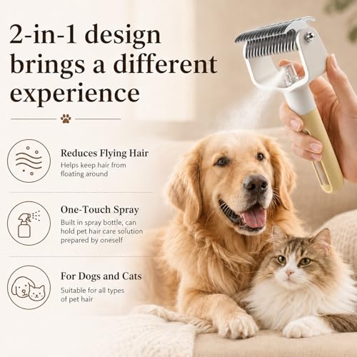 Dual-Sided Pet Grooming Comb,Double Sided Dematting Comb for Dogs & Cats, 2‑in‑1 Professional Pet Grooming Brush Deshedding Dog Brush with Spray Design (1PCS, Pink) - color: Pink