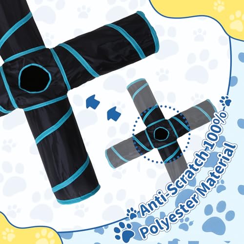 Pet Cat Tunnel, 4-Way Junction Tunnels for Indoor Cats, Collapsible Pet Tunnel for Kitten, Puppy, Rabbit, 25cm-Wide Tunnels, Durable & Breathable, with Peek Hole Toy Ball - color: 4-way Junction Tunnel & Black/Blue
