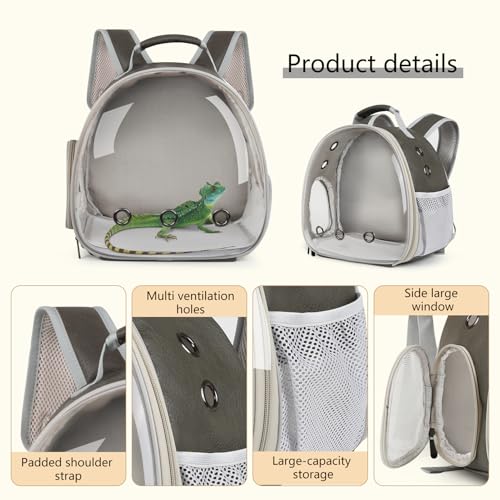 Bearded Dragon Carrier Backpack with Security Printing Harness Leash and 3-Sized Harness Set, Reptile Lizard Travel Guinea Pig Bunny Kitten Travel Carry Bag to Transport (Grey, PU Leather) - color: Grey