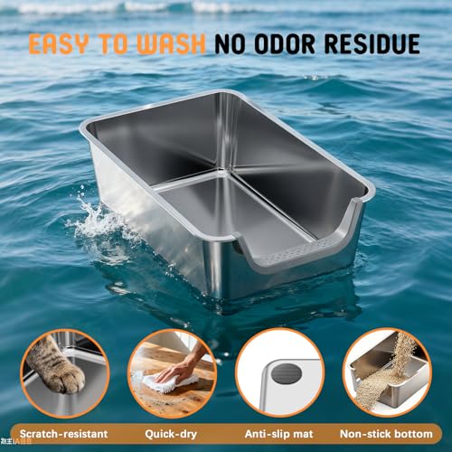 Stainless Steel Litter Box with High Sides,23.6" L X 15.7" W X 7.8" H,Extra Large Jumbo Cat Litter Box,XL Kitty Metal Liter Box for Indoor Big Cat,Non-sticky,Anti-Leakage(Entry on Short Side) - size: Entry on Short Side