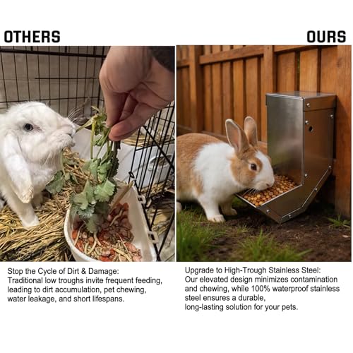 Rabbit Feeder - Small Animal Stainless Steel Gravity Feeding Trough with Lid, Outdoor Durable Cage Feeder Holds Several Days' Food (4 Inch/1.5Lbs) - size: 1 pc