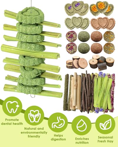 68pcs DIY Rabbit Chew Toys,Rabbit Toy for Bunnies Boredom | Hanging Rodent Dental Toy with Papaya Stems Sweet Bamboo Hamsters, Chinchillas, Guinea Pigs