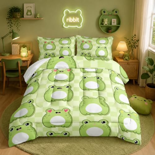 Nttopship Cartoon Frog Comforter Bedding Set with 2 Pillowcase Twin Size Cute Animals Comforter Set for Kids Boys Girls Bedroom Decor - color: Cartoon Frog, size: Twin