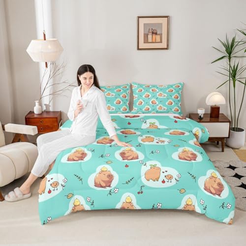 Erosebridal Capybara Floral Twin Duvet Insert,Kids Cartoon Capybara Comforter Set,Cute Flower Branches Duvet Set,Teal - color: Multi 10, size: Twin