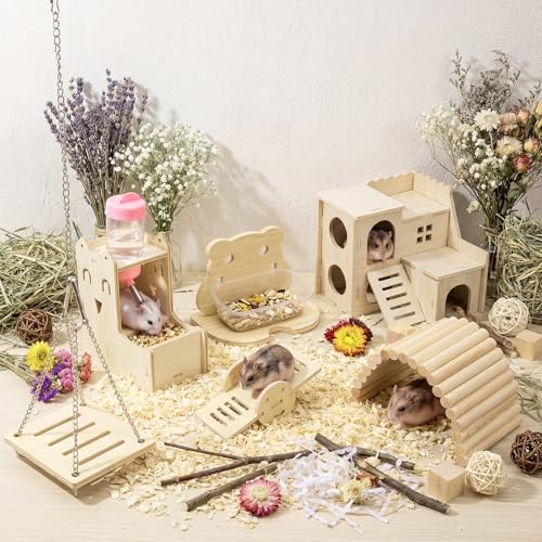 BreezeHug 6 Pcs Hamster Wooden Hideouts Hamster Houses Feeder and Waterer Chinchillas Chew Cage Accessories Activity Enrichment for Rats Gerbils Small Animals Habitat - style: Classic
