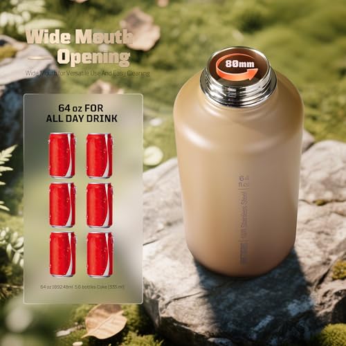 ONETIGRIS 64oz Tactical Insulated Water Bottle with 3 Lids & MOLLE Pouch | 48H Cold and 24H Hot Double Wall,304 Stainless Steel Wide Mouth,BPA Free Leakproof Silicone Seal，Paracord Handle Easy Carry - color: Brown