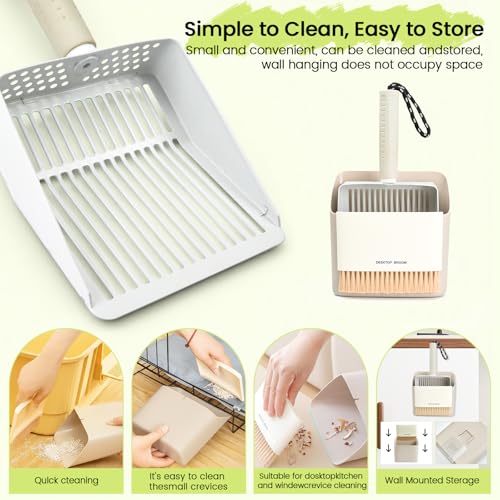 Cat Litter Scoop with Holder, Stainless Steel, Non-Slip Handle | Stainless steel litter scoop with holder captures clumps fast and includes a mini broom and dustpan for easy cleanup - color: White
