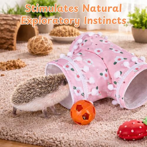 Hedgehog Cage Accessories Hideout Tunnel Small Animal, Tunnel and Bell Balls Toy set, Hedgehog Hideout with 2 pcs Toys, Small Animal Tubes for Hamster Guinea Pig Squirrel, Hedgehogs Accessories (Pink) - color: Pink